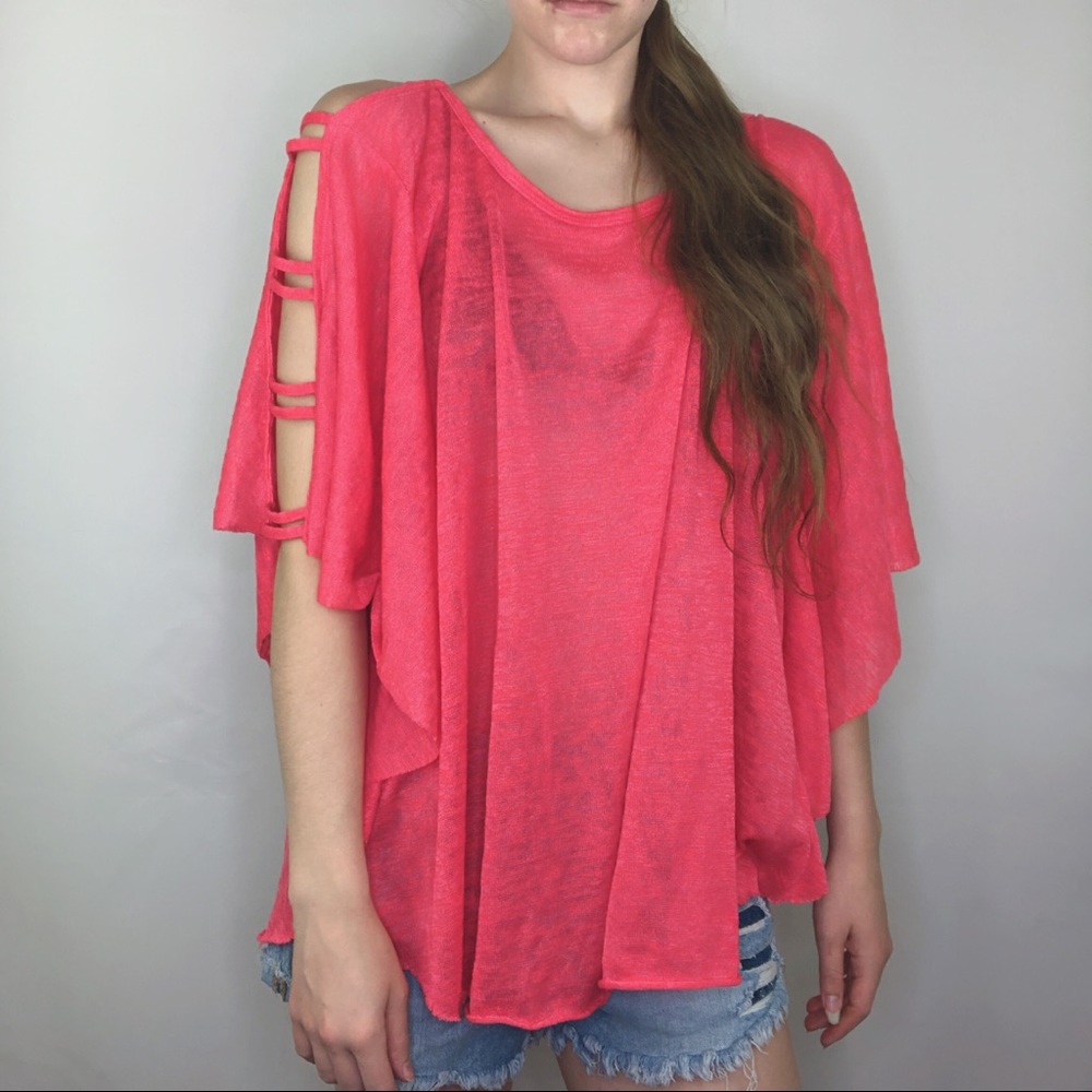 Roxy Burnout Batwing Long Sleeve Hot Pink Lace Up Women’s Cut Out Top Barbiecore